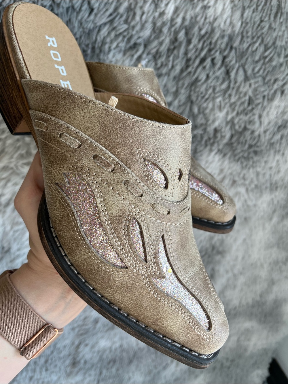 Roper Women's Taupe Slip-On Mules with Glitter Insets